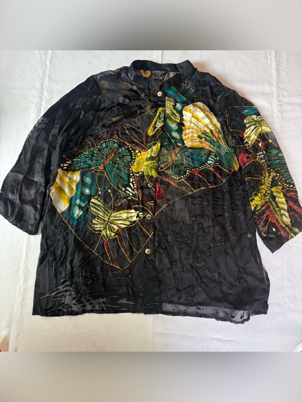 Vintage Citron Santa Monica Silk Butterfly Burnout Top 2X